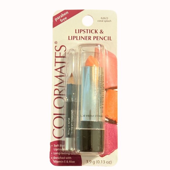 Colormates Lipstick Lipliner Pencil Set Coral Splash Paraben Free Vitamin E Aloe - Picture 3 of 7